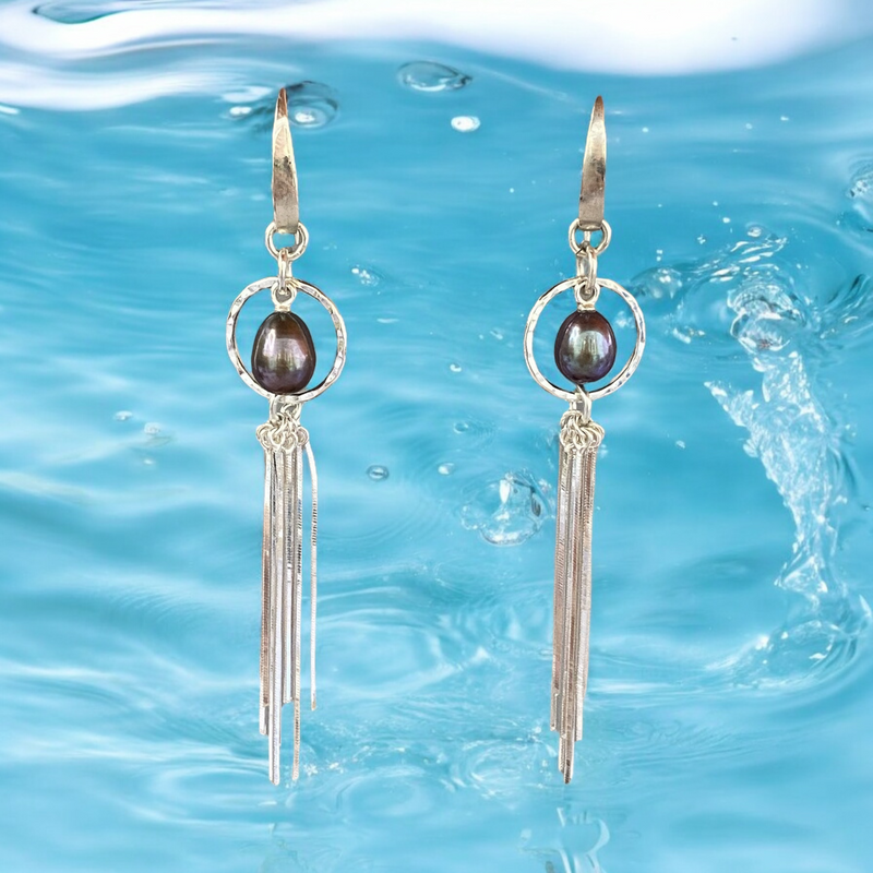 Peacock Freshwater Pearl and Sterling Silver Handmade Dangle Earrings