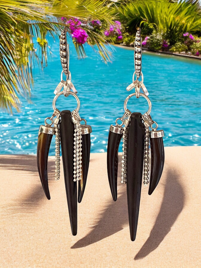 Black Buffalo Bone & Tiger’s Eye Shell Horn Dangle Earrings