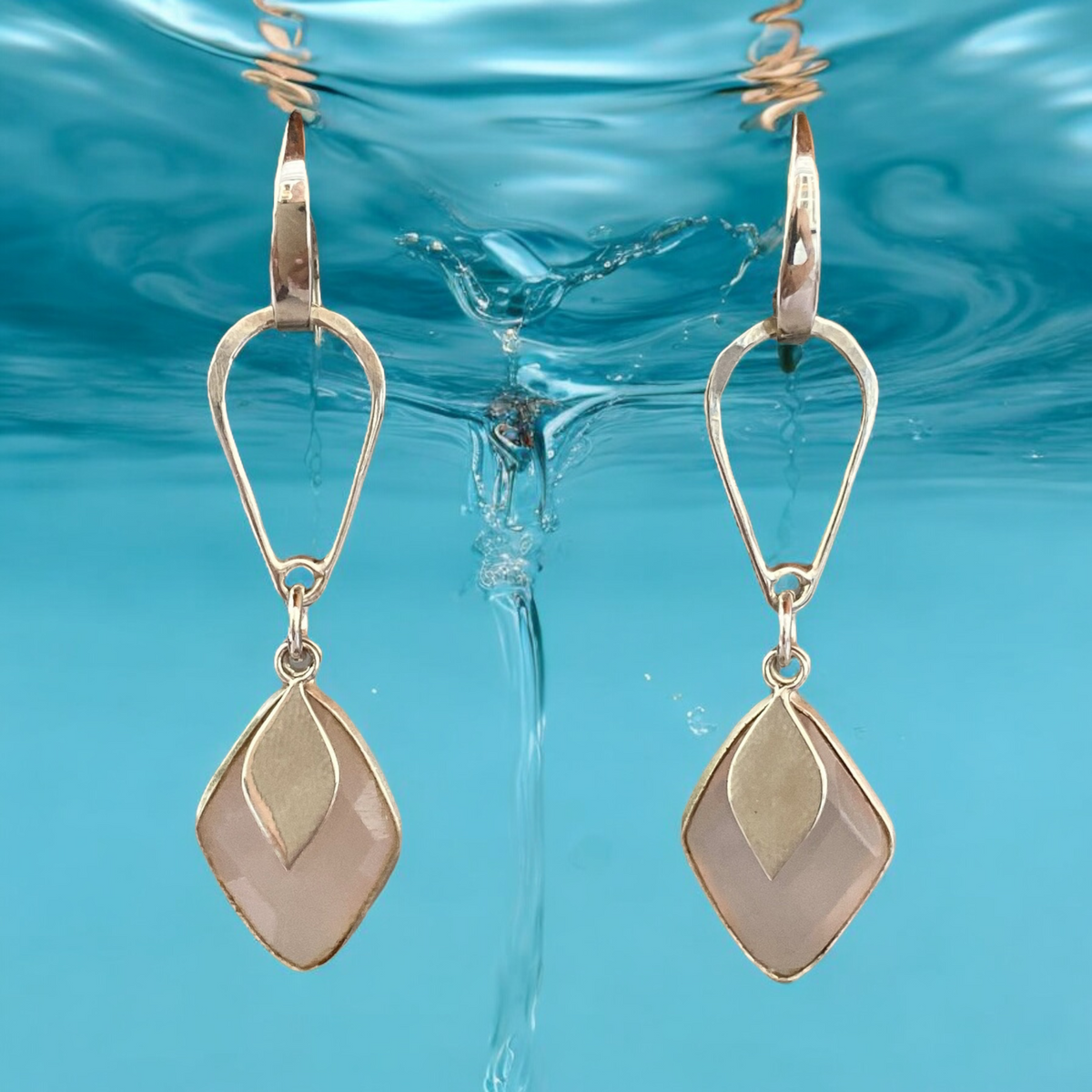 Light Pink Quartz and Sterling Silver Diamond Shaped Handmade Dangle Earrings