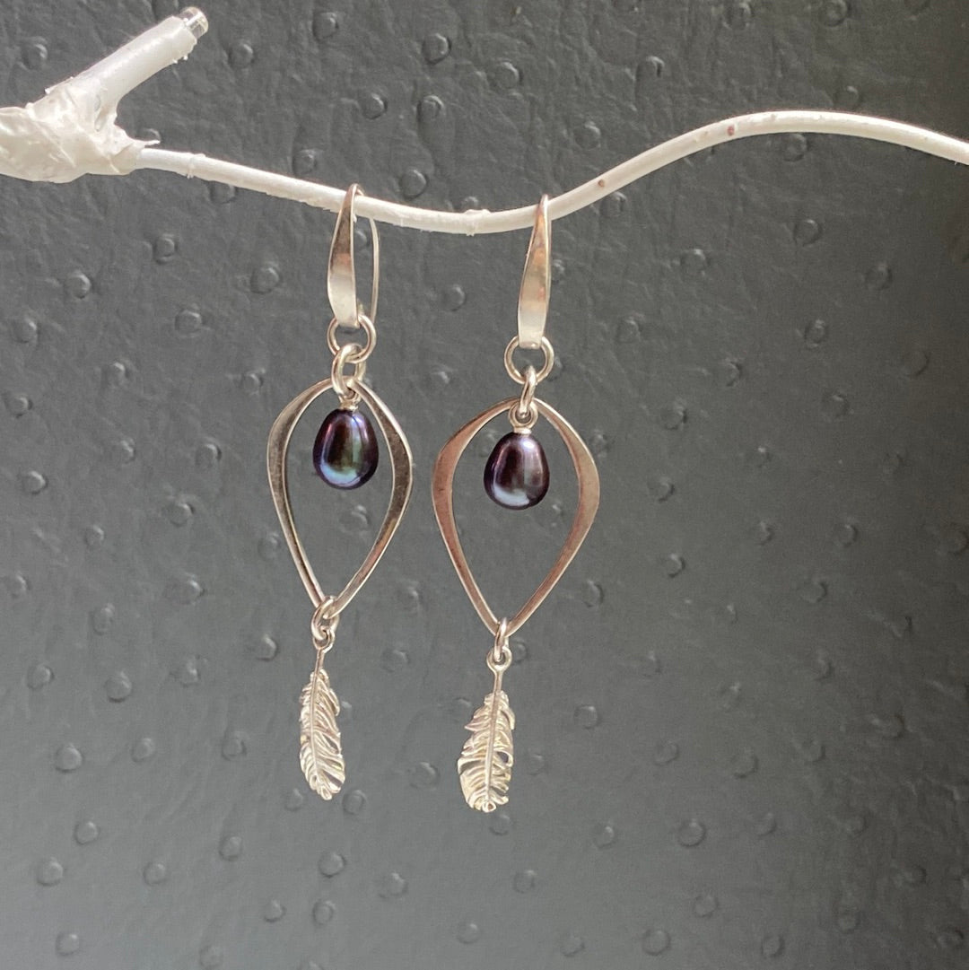 Peacock Cultured Pearl Handmade Sterling Silver Dangle Earrings