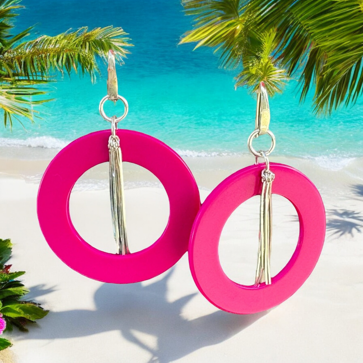 Hot Pink Vintage Lucite and Sterling Silver Hoopty Earrings