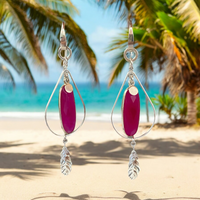 Fuschia Pink Chalcedony and Sterling Silver Handmade Earrings with Feathers