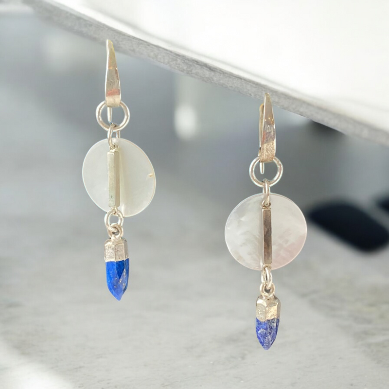 Lapiz Lazuli, Mother of Pearl Shells and Sterling Silver Dangles