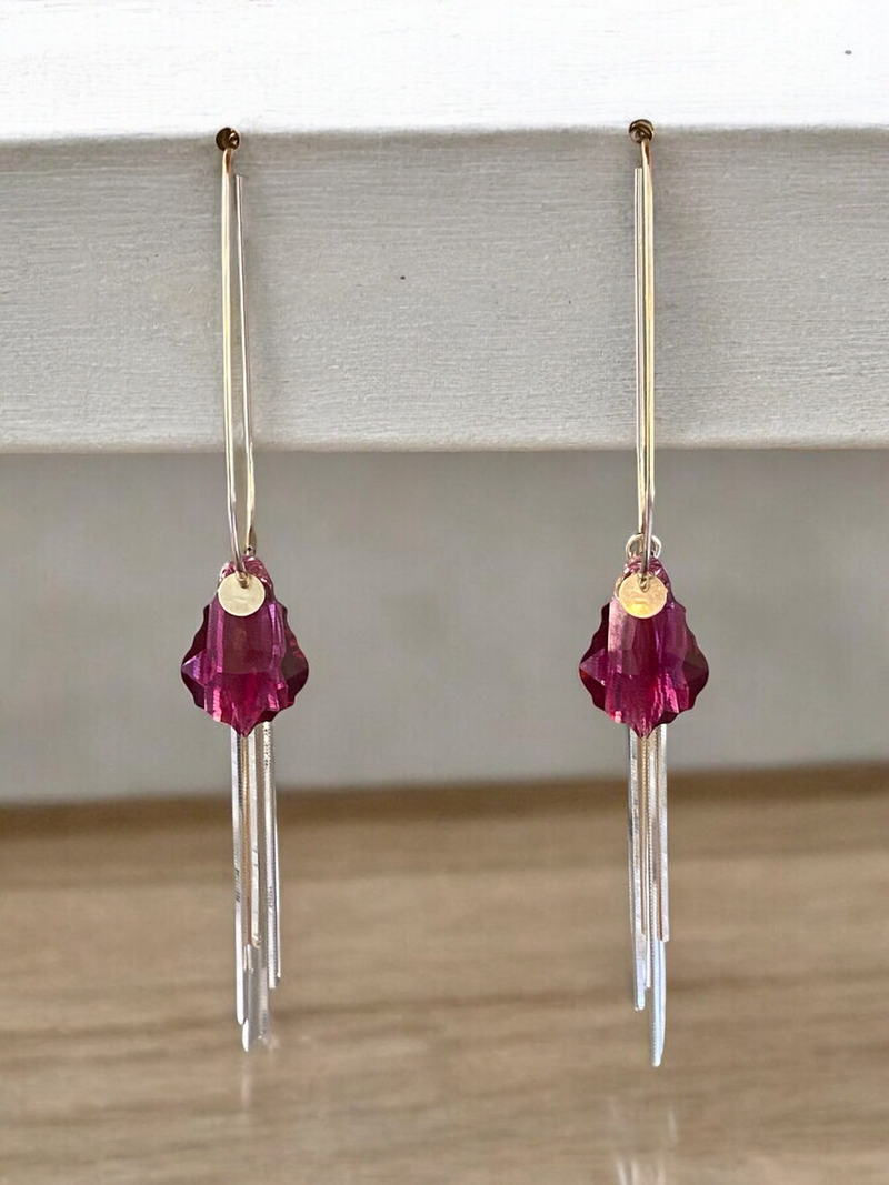 Fuschia Pink Austrian Crystal and Sterling Silver Handmade Sterling Silver Hoops