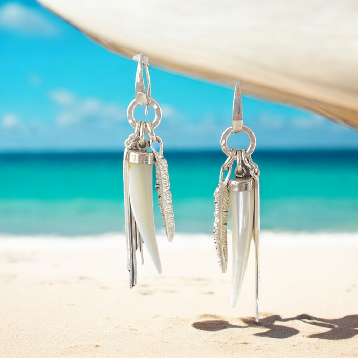 Mother of Pearl Shell Horn Sterling Silver Dangle Earrings Accented by Liquid Silver and Sterling Silver Leaves