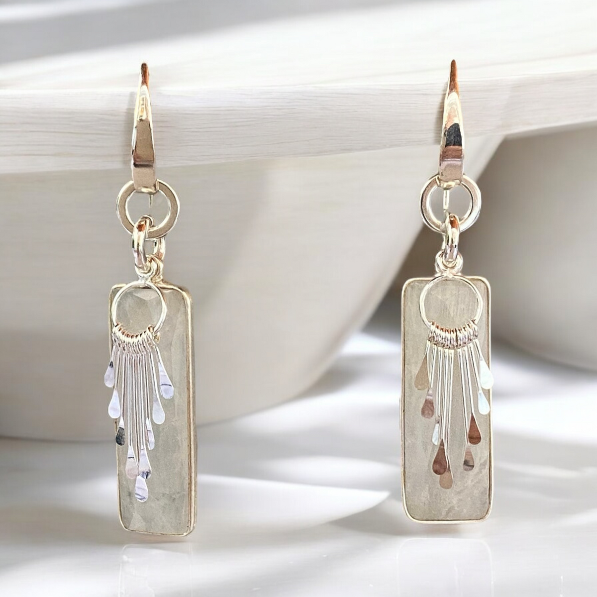 Double Moonstone and Sterling Silver Handmade Dangle Earrings