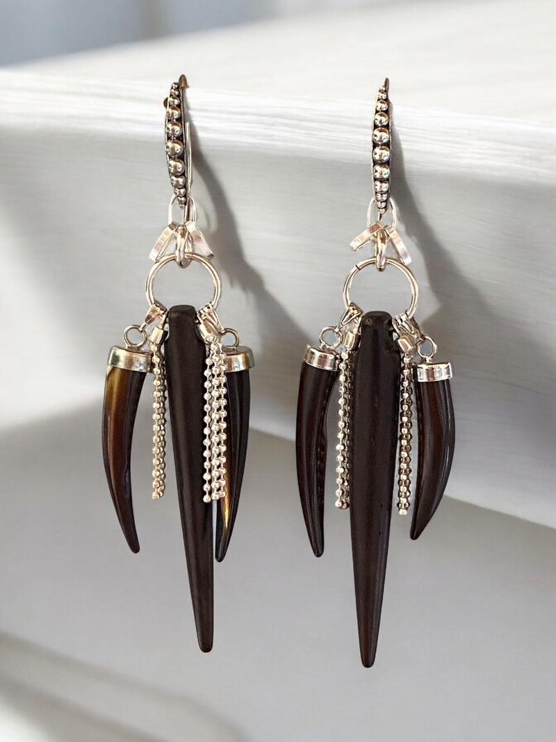 Black Buffalo Bone & Tiger’s Eye Shell Horn Dangle Earrings