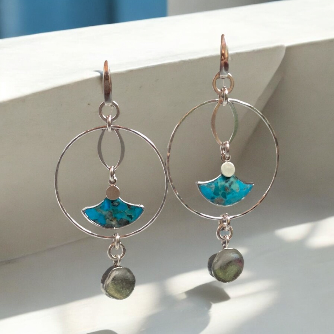 Turquoise Fan Hoops Sterling Silver Earrings