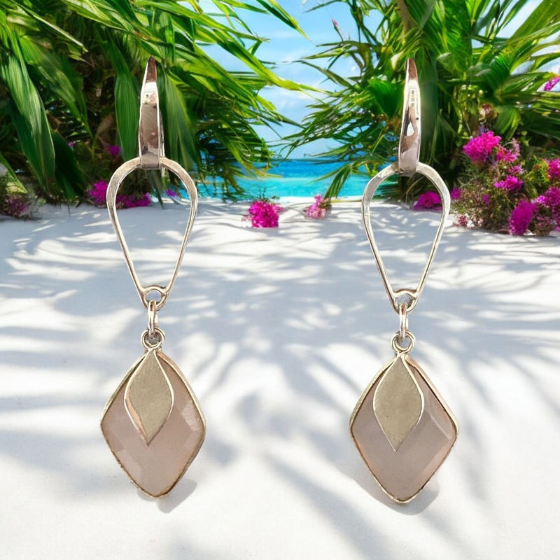 Light Pink Quartz and Sterling Silver Diamond Shaped Handmade Dangle Earrings