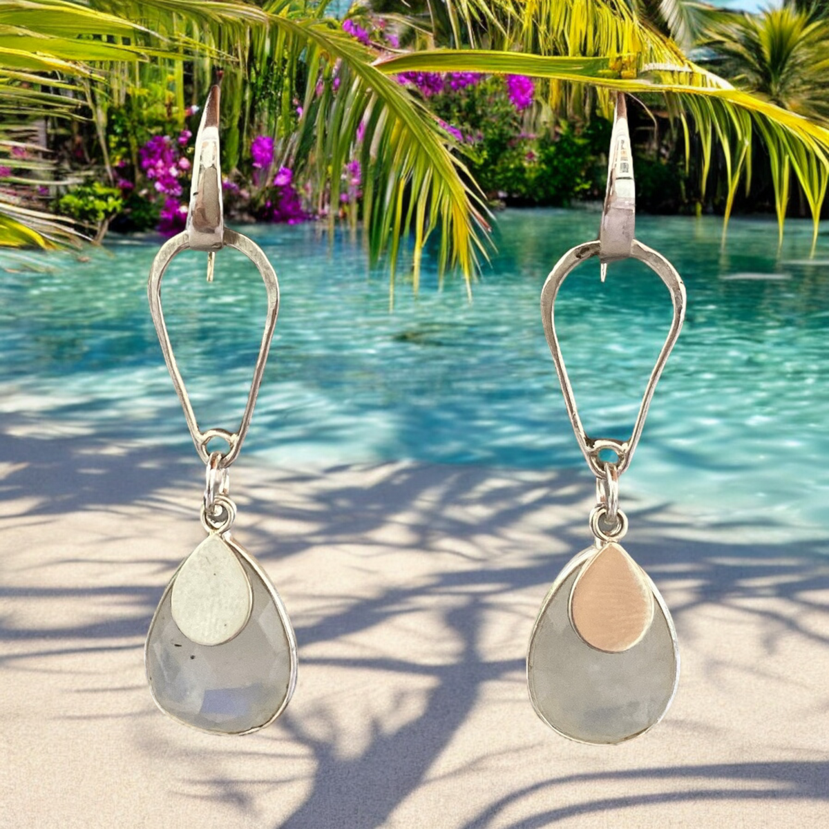 White Quartz Diamond Shaped Sterling Silver Handmade Dangle Earrings