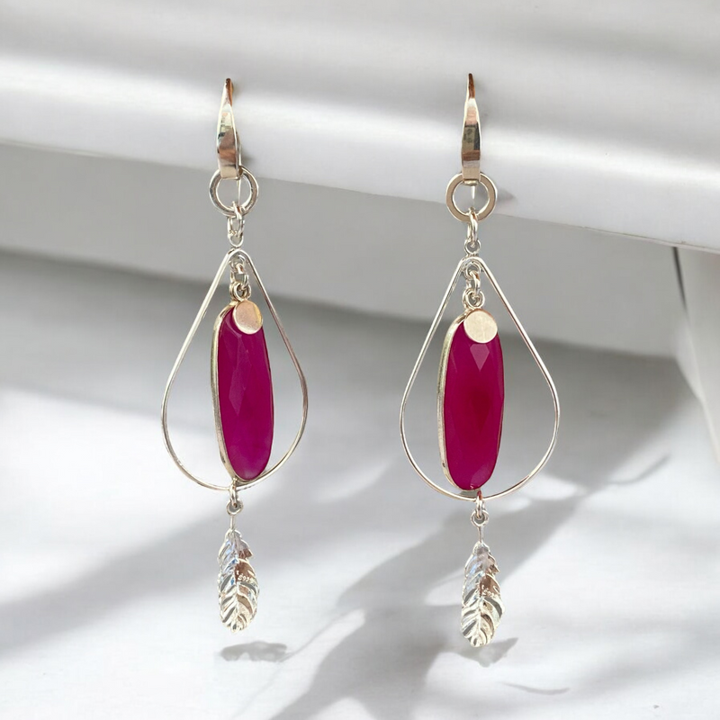 Fuschia Pink Chalcedony and Sterling Silver Handmade Earrings with Feathers