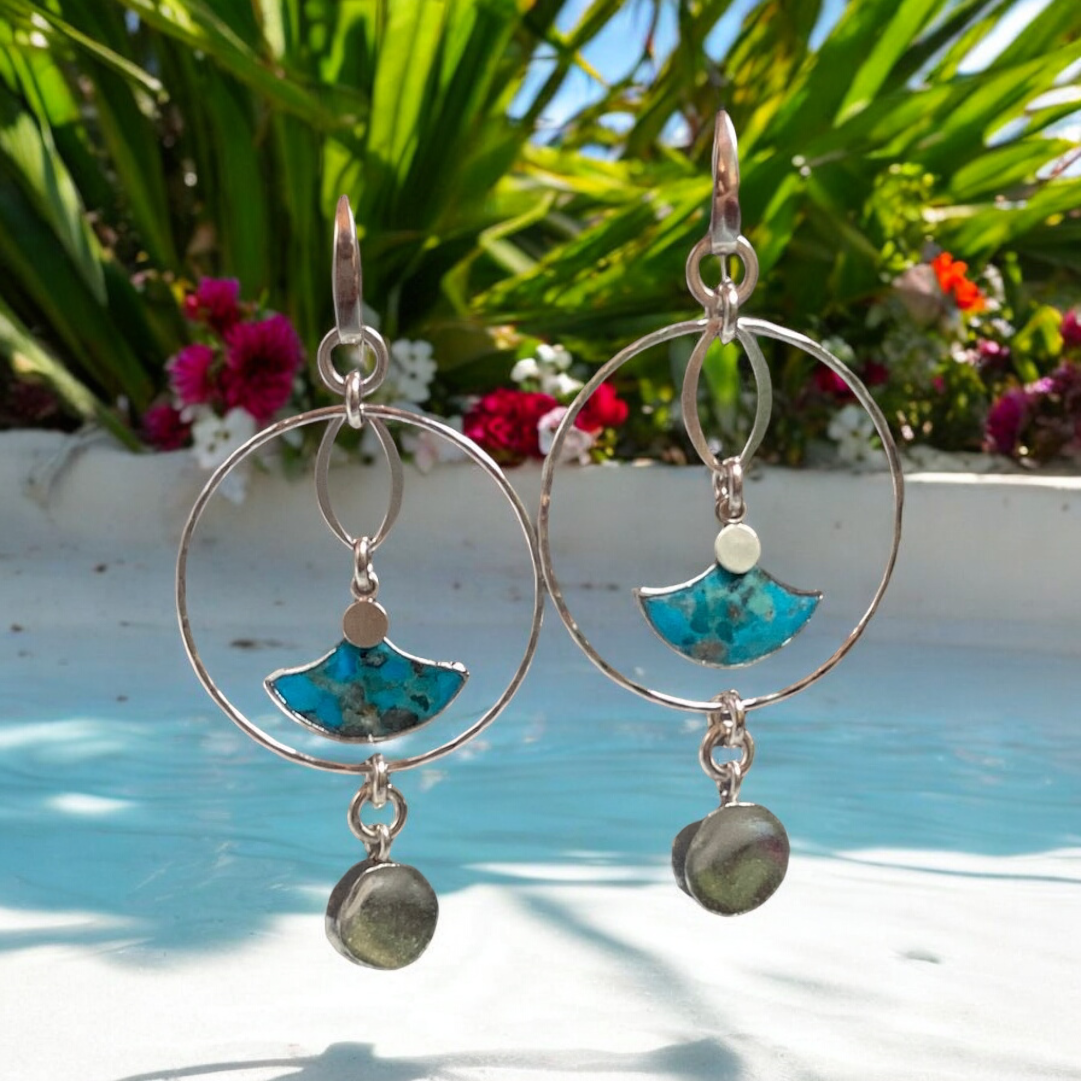 Turquoise Fan Hoops Sterling Silver Earrings