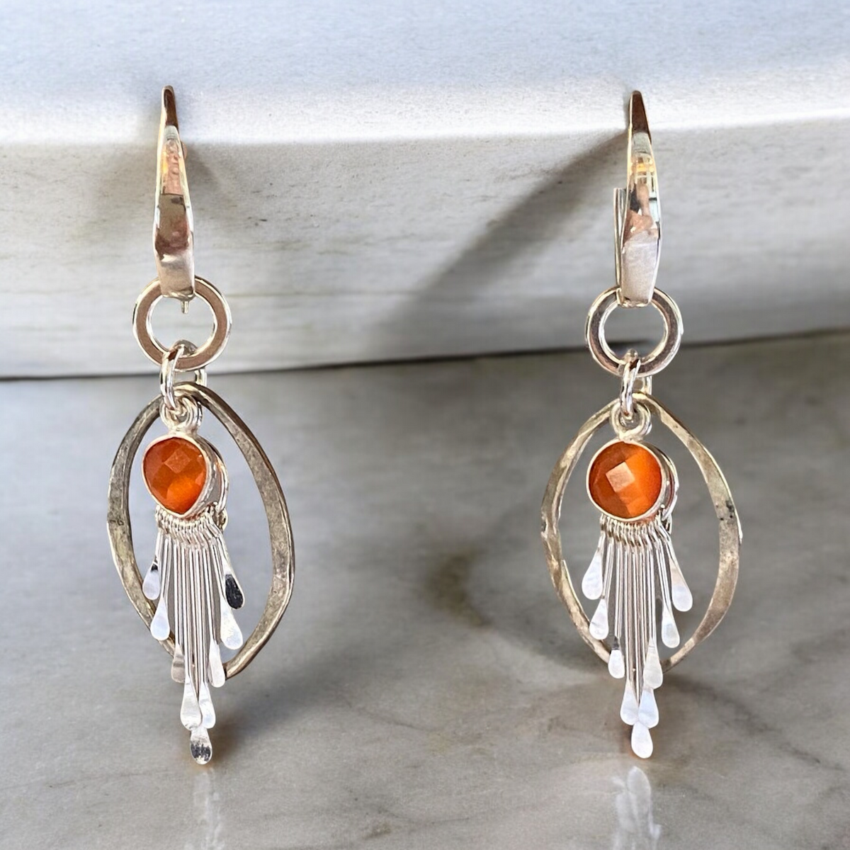 Mona Liisa Orange Burst and Sterling Silver Handmade Dangle Earrings