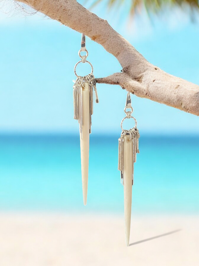 Buffalo Bones Spike and Sterling Silver Dangle Earrings accented by Sterling Silver Keys, Liquid Silver & Tassels