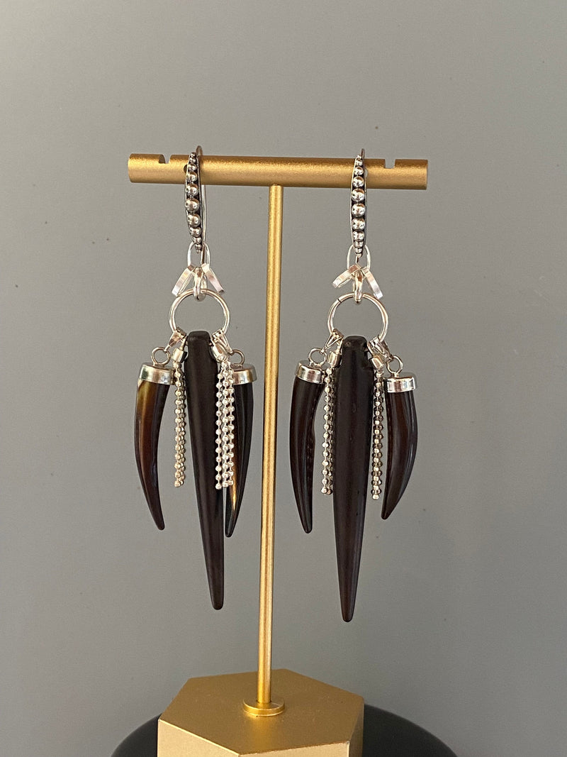 Black Buffalo Bone & Tiger’s Eye Shell Horn Dangle Earrings