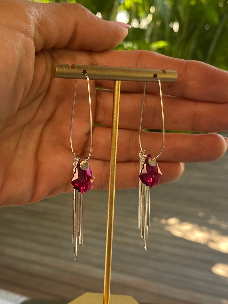 Fuschia Pink Austrian Crystal and Sterling Silver Handmade Sterling Silver Hoops