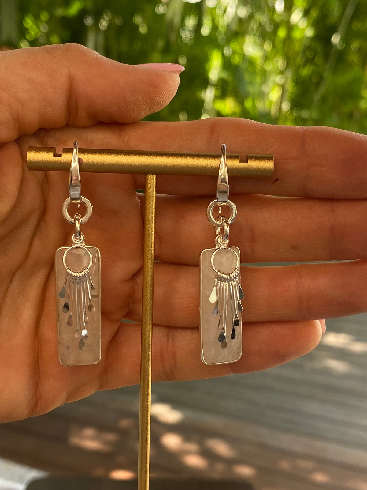 Double Moonstone and Sterling Silver Handmade Dangle Earrings