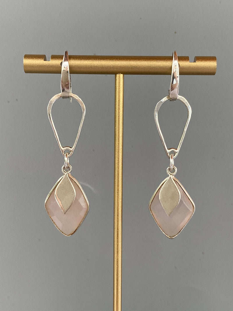 Pink Quartz and Sterling Silver Diamond Shaped Handmade Dangle Earrings