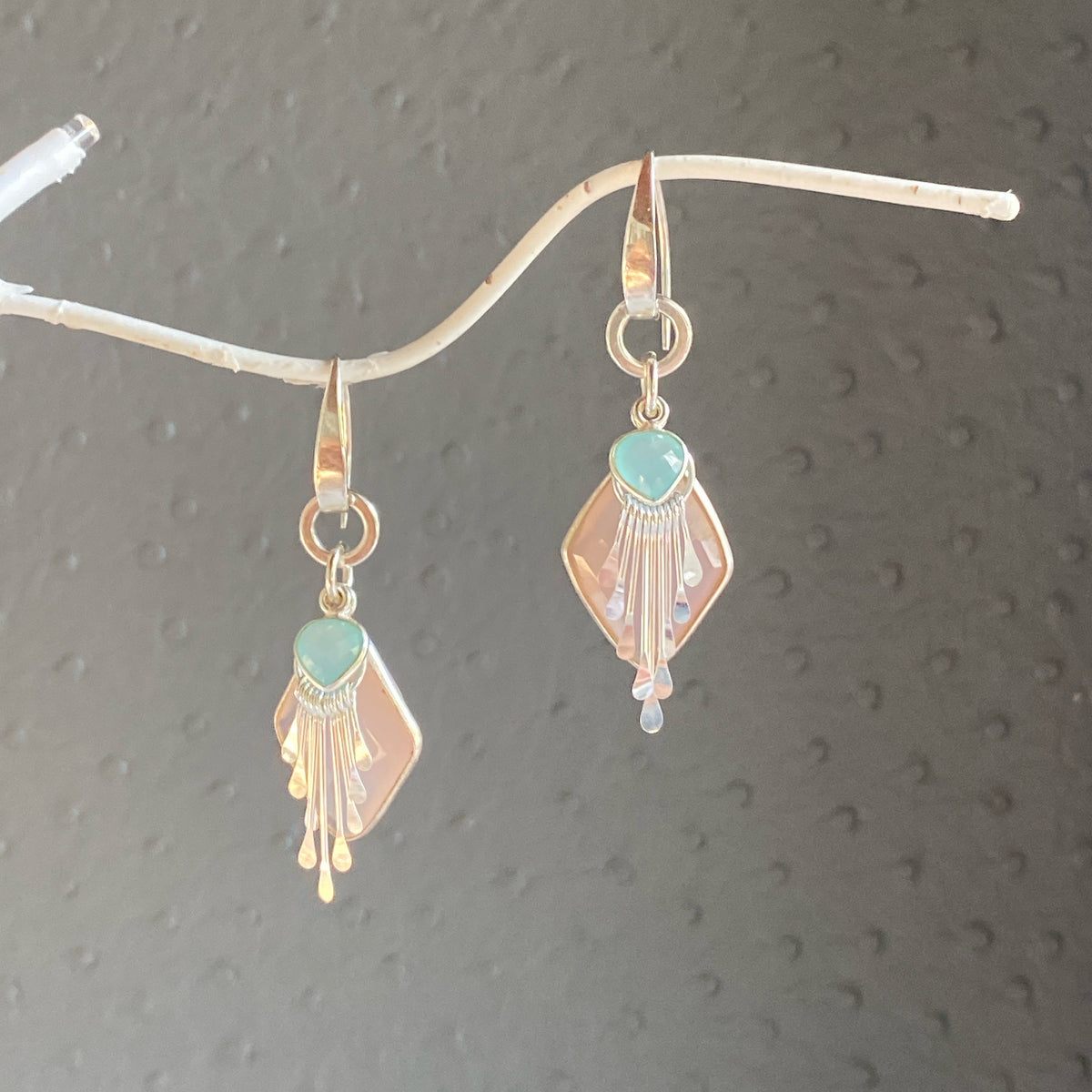 Pink Quartz, Aqua Chalcedony and Sterling Silver Handmade Dangles