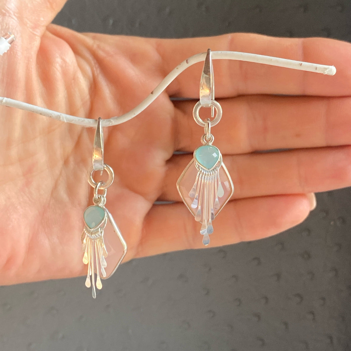 Pink Quartz, Aqua Chalcedony and Sterling Silver Handmade Dangles