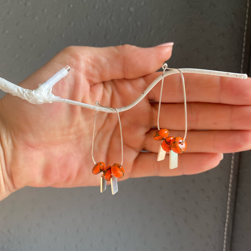 Natural Mohave Carnelian Copper Turquoise and Sterling Silver Hoops