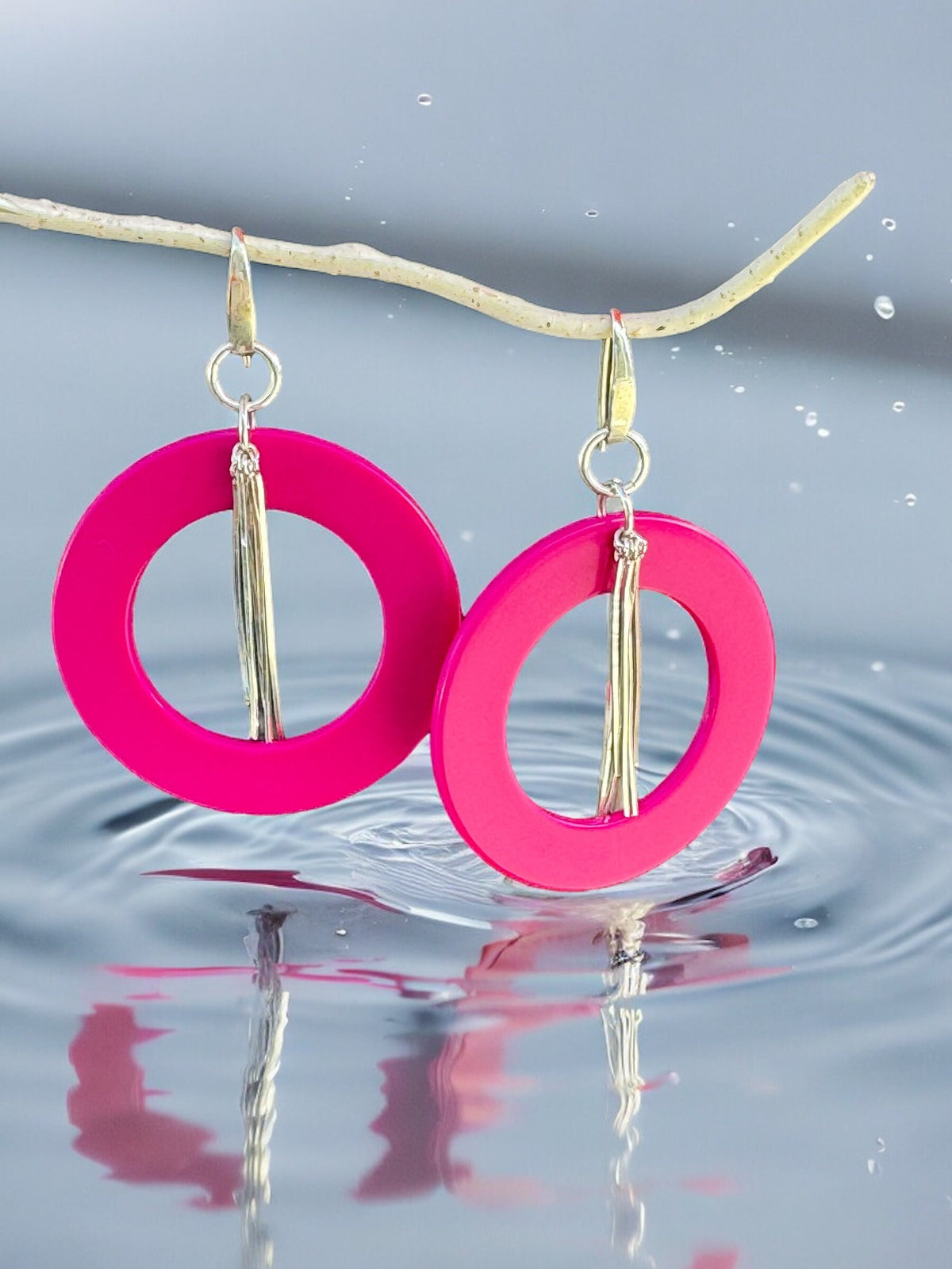 Hot Pink Vintage Lucite and Sterling Silver Hoopty Earrings