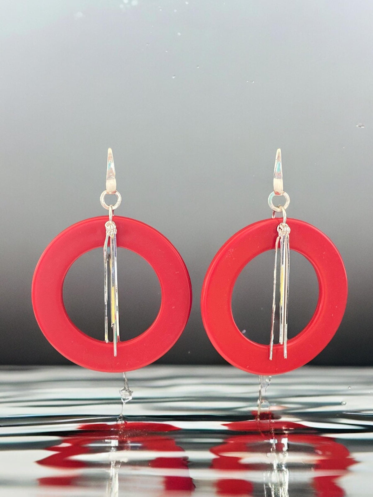 Vintage Red Lucite and Sterling Silver Hoopti Handmade Dangle Earrings