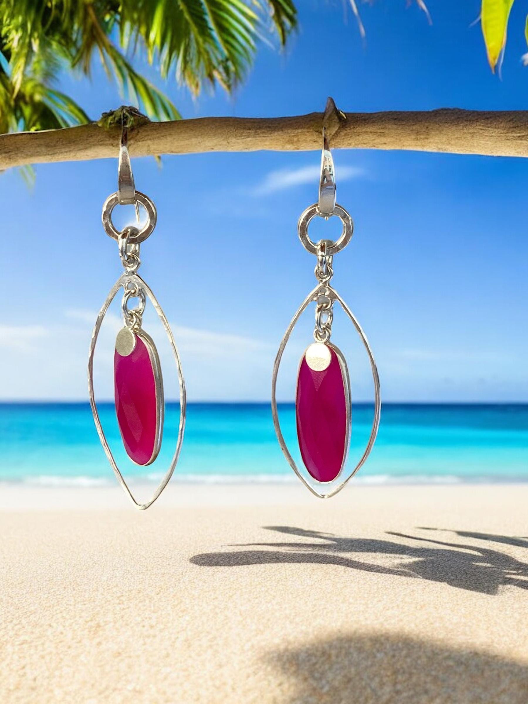 Hot Pink Chalcedony Dangle Drop Earrings, Simple Pink Gemstone Earrings, 2024 Stud Post Earrings, Bright Pink Earrings, Silver