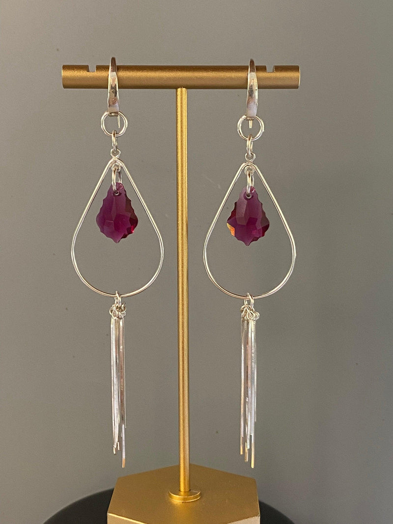 Pink Austrian Crystal and Sterling Silver Handmade Dangle Earrings